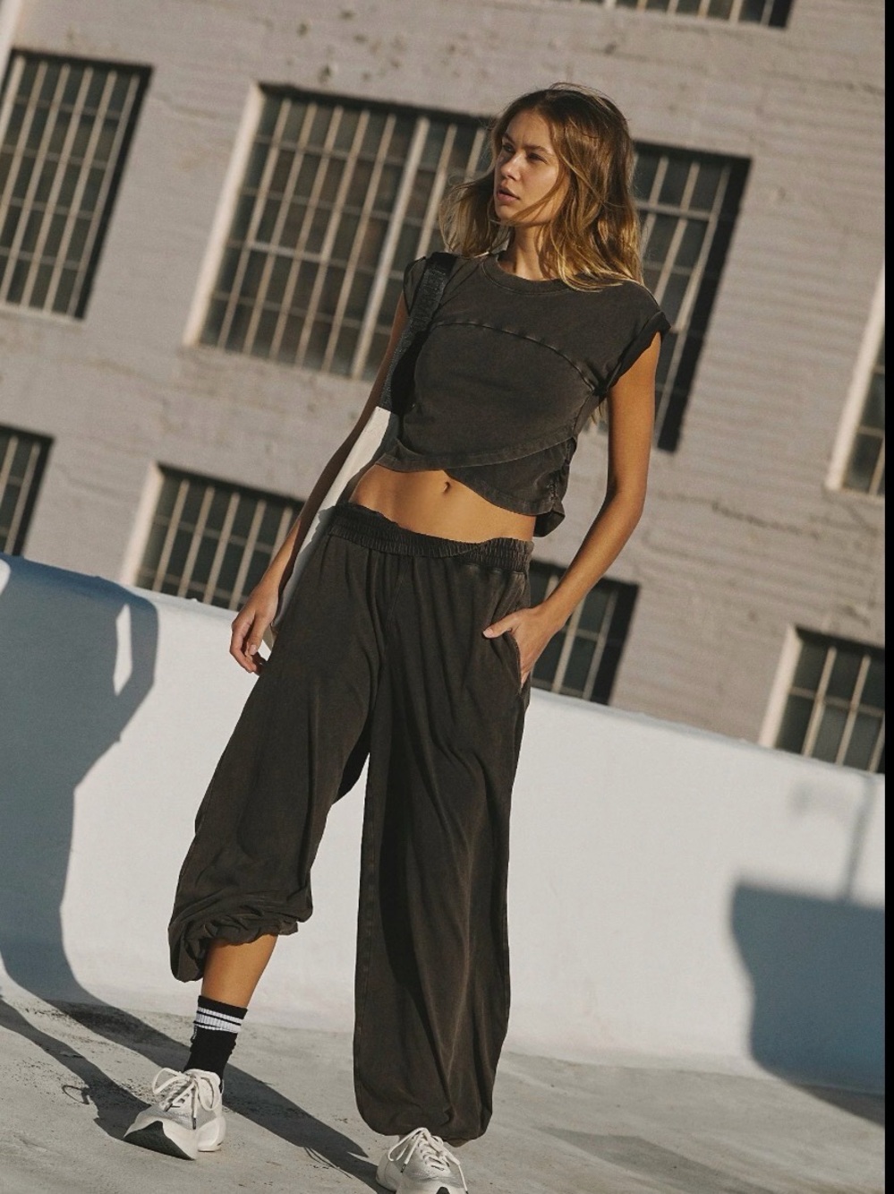 FP Movement by Free People Washed Black Wide Leg Jogger Pants CROSSOVER SET